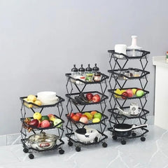 Kuber Industries 3-Layer Collapsible Kitchen Rack|Multipurpose Storage Basket|360-Degree Rotable Kitchen Trolley|Fruit Basket Pack of 4 (Black)