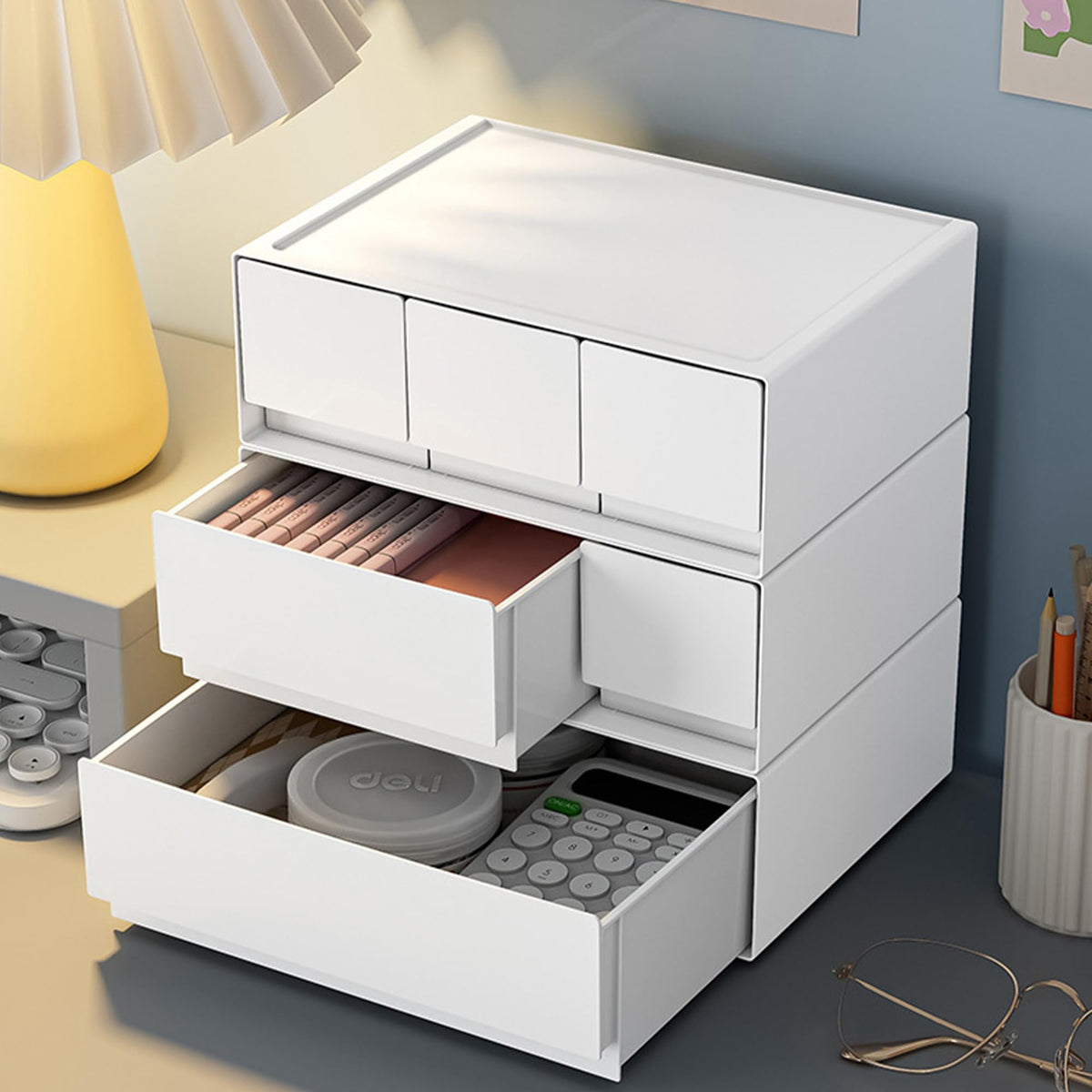 Homestic Stackable Drawer Box Organizer | 3 Drawers Stackable Desktop Organizer | For Office Supplies, Stationery | Countertop Pen Holder | Generic Storage Case| W1943 | White