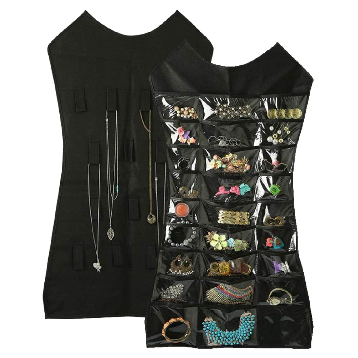 Kuber Industries Hanging Organizer | Non-Woven Hanger | Jewellery Organizer | Double Sided Hanger | 27 Pockets & 14 Hook Hanger | Cosmetic Wall Hanging Organizer | Black