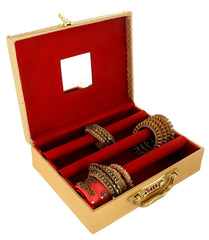 Kuber Industries 3 Rods Bangle Organizer Box Soft Leather Coated Jewelry Storage Case With Small Mirror & Lock System (Gold)