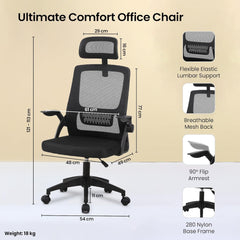 Kuber Industries Ergonomic Office Chairs for Work From Home | Comes with Manual Height Adjustable, Armrest, Headrest & Lumbar Support | Comfy Study Chair for Students with Wheels | Black | 2011-1W-BLK