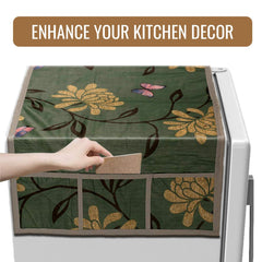 Kuber Industries Fridge Top Cover | Fridge Top Cover with Pockets | Refrigerator Top Cover for Kitchen | Fridge Top Cover with 6 Utility Pockets | Flower Fridge Cover | Green