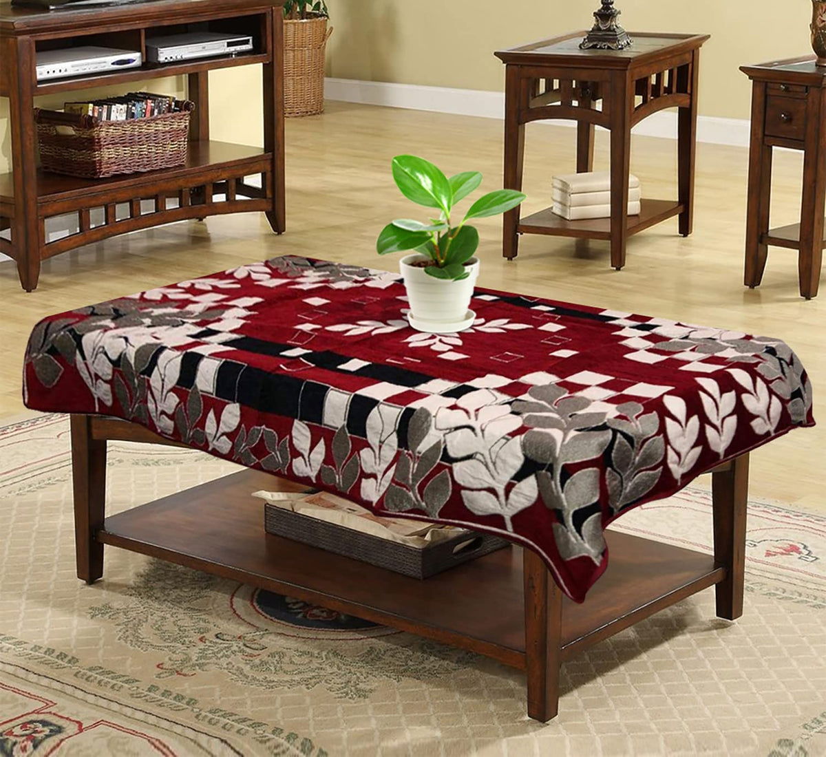 Heart Home Leaf Printed Velvet 4 Seater Center Table Cover,40"x60" (Maroon)-44HH0107