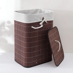 Heart Home Bamboo Basket With Lid|Foldable Laundry Basket For Clothes|Durable Rope Handles & Removable Bag|Dark Brown|