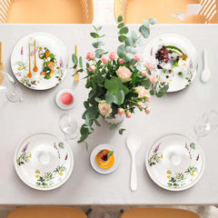 Kuber Industries 40 Pieces Round Melamine Microwave & Dishwasher Safe Dinnerware Kitchen Crockery Set | Glossy Dinner Sets & Kitchen Set for Home | Deluxe Lavendar Floral - White