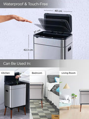 Urbane Home Sensor Dustbin | Dual Compartment Sensor Dustbin | Touchless Trash Can | Smart Dustbin for Bedroom-Office-Living Room | 2 Removable Bucket Can | YW-5522 | 9 LTR | Silver