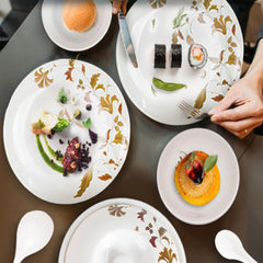 Kuber Industries 32 Pieces Round Melamine Microwave & Dishwasher Safe Dinnerware Kitchen Crockery Set | Glossy Dinner Sets & Kitchen Set for Home | Deluxe Brown - White