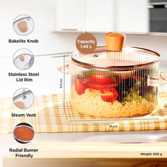 Homestic Borosilicate Glass 1.45L Saucepan with Lid & Handle | Induction Pan Cookware | Handi for Cooking | Microwave Safe | Cooktop for Tea/Milk/Pasta/Noodles/Rice | Transparent