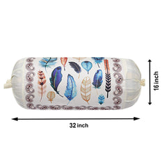 Heart Home Bolster Cover|Polyester Bolster Cover Set|Diwan Round Bolster Pillow Covers|Luxurious Feather Print Roll Masand Cover|Pack of 2 (Cream)