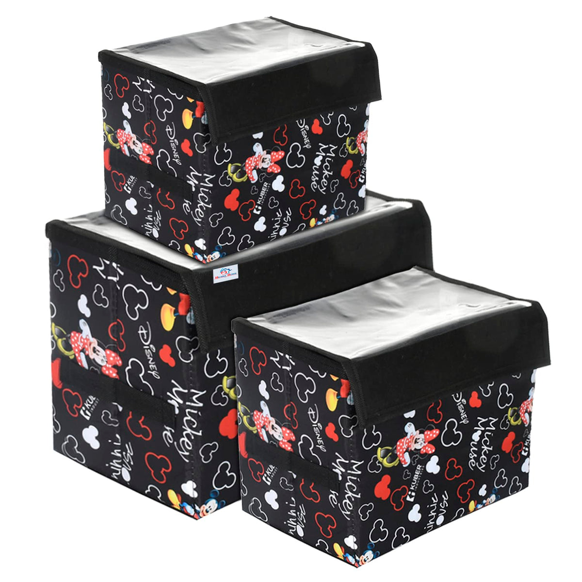 Heart Home Disney Minnie Storage Box|Non-Woven Small|Medium|Large Storage Organizer for Toys|Cloths with Transparent Lid & Handle|Pack of 3 (Black)