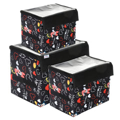 Heart Home Disney Minnie Storage Box|Non-Woven Small|Medium|Large Storage Organizer for Toys|Cloths with Transparent Lid & Handle|Pack of 3 (Black)