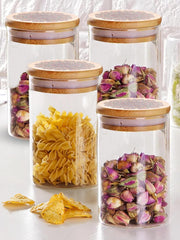 Urbane Home Borosilicate Glass Jar with Printed Bamboo Lid|Kitchen Organizer Items and Storage|Multi-utility, Leakproof, Airtight Storage Jar for Cookies,Snacks,Tea,Coffee,Sugar|Pack of 4(1000ml)