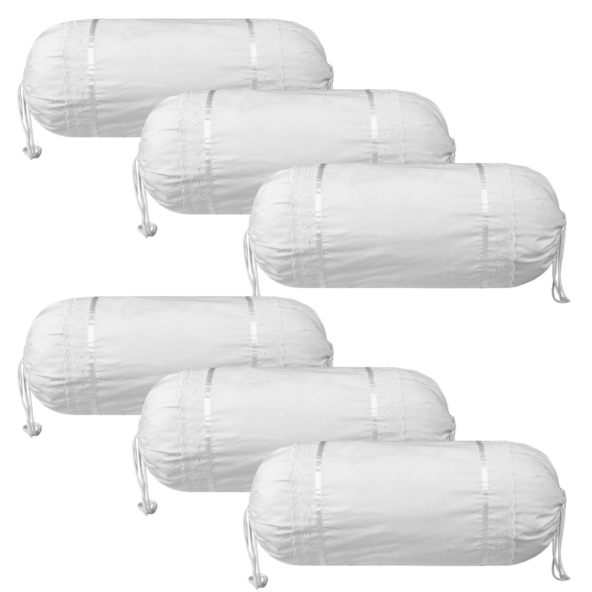 Kuber Industries Bolster Covers | Cotton Bolster Cover Set | Diwan Bolster Cover Set | Bolster Pillow Cover | Plain Lace Print Masand Cover | 16x32 Inch | Pack of 6 | White