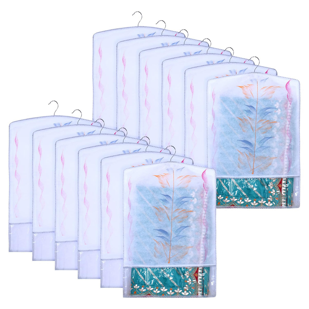 Kuber Industries Hanging Saree Cover | Brush Painting Pattern Saree Cover | Non-Woven Saree Covers for Home | Saree Cover with Small Transparent view | Pack of 12 | Gray