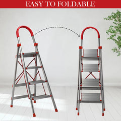 Kuber Industries 4 Step Heavy-Duty Foldable Aluminium Ladder with Wide Pedals and Hand Grip for Home and Office Use | Anti Slip Step Staircase for Home | Supports 150+ Kgs | Silver & Red