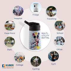Kuber Industries 350 ml Insulated Water Bottle | Mickey Kids Water Bottle | Stainless Steel Kids Water Bottle | Water Bottle with Push-Button Flip Lid | Bottle For School | Sky Blue | Pack of 2