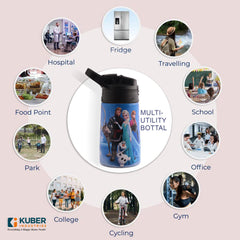 Kuber Industries 350 ml Insulated Water Bottle | Disney Frozen Kids Water Bottle | Stainless Steel Kids Water Bottle | Water Bottle with Push-Button Flip Lid | Bottle For School | Blue | Pack of 5
