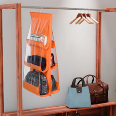Heart Home Hanging Organizer | Handbag Organizer | Hanging Purse for Wardrobe | Transparent Clutch Organizer | Handbag Storage For Closet | 6 Pocket Storage Hanger | Orange