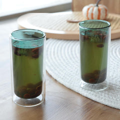 Heart Home 2 Pcs Double Walled Glasses | Borosilicate Glass Tumblers for Water | High Heet Resistance | Microwave & Dishwasher Safe | Juice Glasse | 250 ML | Pack of 1 | Green