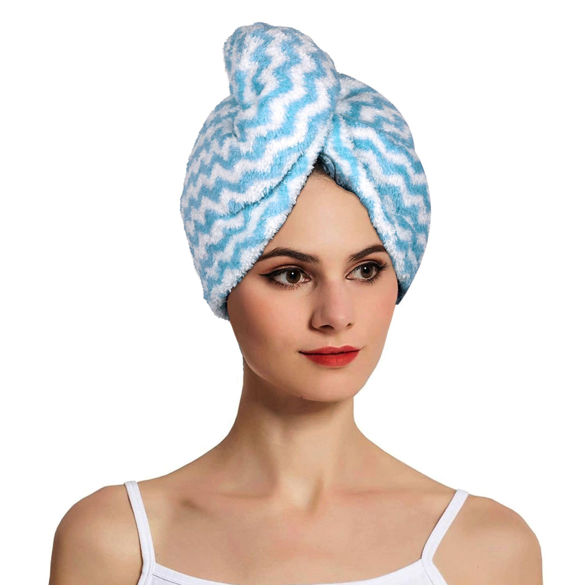 Heart Home Hair Wrapper | Hair-Drying Towel | Hair Bathrobe for Women & Girls | Hair Dry Cap Bath Towel | Microfiber Hair Turban Towel | Quick Absorbent Hair Towel | Zig Zag | Sky Blue