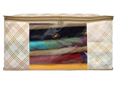 Heart Home Tartan Design Non-woven Sarees, Clothes Cover/Organizer With Transparent Window- Pack of 12 (Beige)-44HH0376