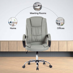 Kuber Industries Leather Office Chairs for Work From Home | Comes with Manual Height Adjustable, Armrest, Headrest & Lumbar Support | Comfy Study Chair for Students with Wheels | Grey | SAVOC106GRY