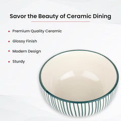 Kuber Industries Ceramic Food Bowl Set | Chini Mitti Bowl | Microwave, Dishwasher Safe Ceramic Bowl | Green Lining Print - White