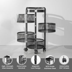 Kuber Industries 4-Layer Kitchen Trolley | 360° Rotating Storage Rack | Round Storage Rack with Wheels | Fruit and Vegetable Storage for Kitchen | Pack of 4 | (Black)