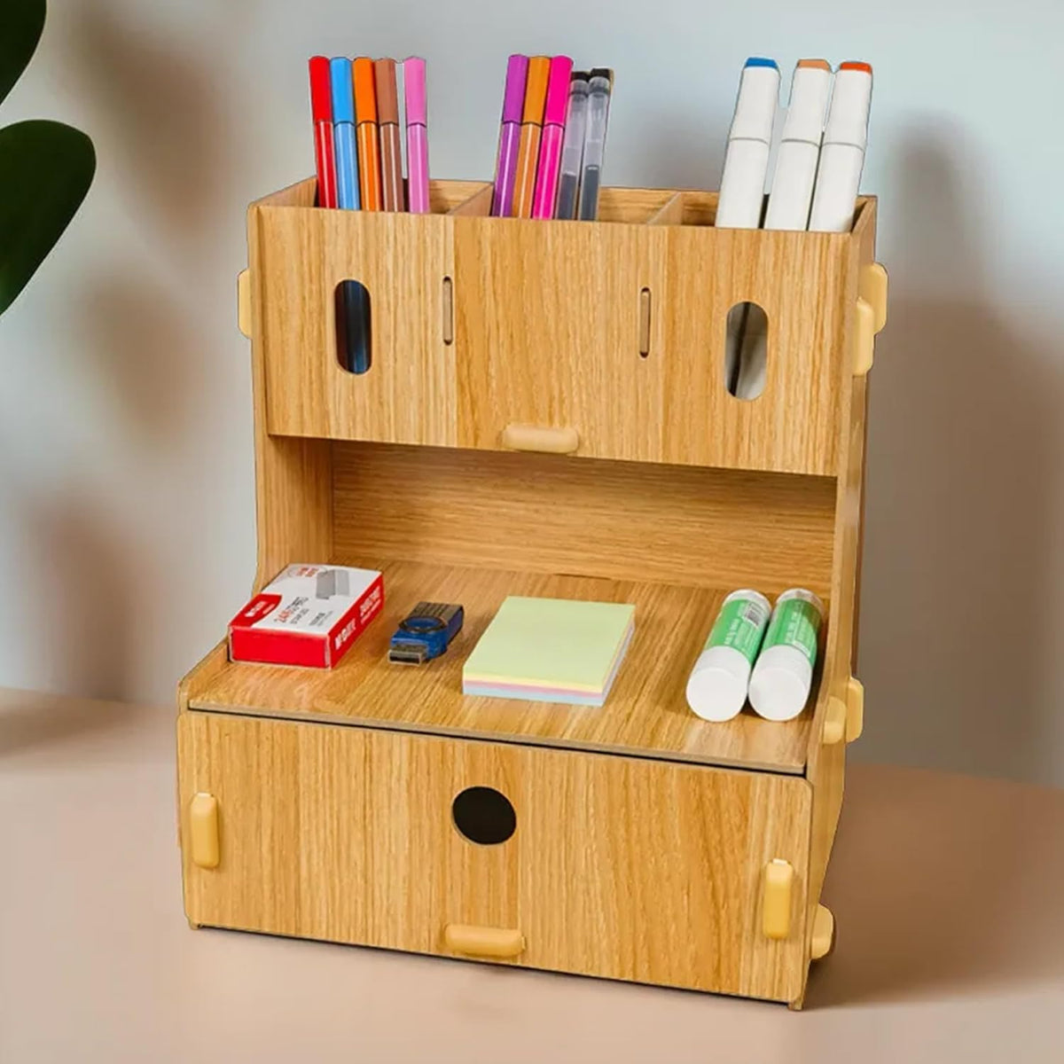 Urbane Home 3 Compartments with One Bottom Drawer Pen Stand for Office | MDF Wood Rack | Aesthetic Stationery Stand for Office Table Accessories | Burlywood | 23.3x17.5x25.5cm