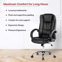 Kuber Industries Leatherette Office Chairs for Work From Home | Comes with Stretchable Armrest with Soft PU Pad & Lift Lock Tilt Mechanism | Comfy Study Chair for Students with Wheels | Black