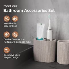 Urbane Home 5-Piece Polyresin Bathroom Accessories Set |Toothbrush Holder, Soap Dispenser, Tumbler, Tray | Accessories for Bathroom & Kitchen | Moisture-Resistant & Scratch-Proof | Khaki