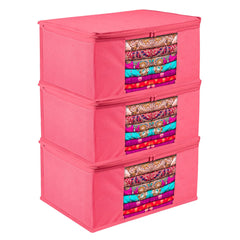 Heart Home Saree Cover | Zip Closure Saree Cover | Clothes Storage Bag | Wardrobe Organiser for Suit | Transparent Window Saree Cover | Plain Saree Cover | 9 inch | Pack of 3 | Pink