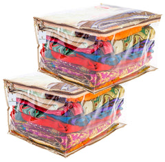 Kuber Industries 2 Pieces Transparent Fabric Saree Cover/Clothes Organiser for Wardrobe Set, Extra Large (Golden)-KUBMART2812_Standard