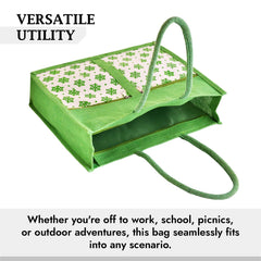 Kuber Industries Shopping Bag | Jute Carry Bag | Zipper Grocery Bag with Handle | Reusable Shopping Bag | Front Double Pocket Vegetable Bag | Flower-Grocery Bag | Large | Green