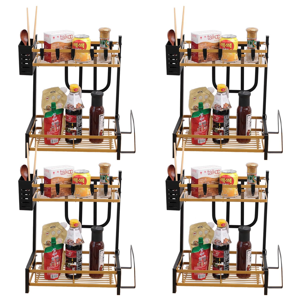 Kuber Industries 2-Layer Dish Drying Rack|Storage Rack for Kitchen Counter|Drainboard & Cutting Board Holder|Premium Utensils Basket Pack of 4 (Gold & Black)