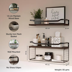 Kuber Industries Floating Shelves (2pcs) with One Wire Storage Basket | Wooden Floating Wall Shelf| Wall Mount| Wall Rack| Wall Bracket for Home and Office Decor | Big Mounted Cabinets | BW0388