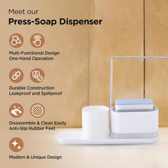Urbane Home 3 in 1 Press Soap Dish for Bathroom & Kitchen Sink 550ml | Multifunctional Handwash Dispenser with Sponge Holder & Towel Rack |White | Kitchen Accessories Items.
