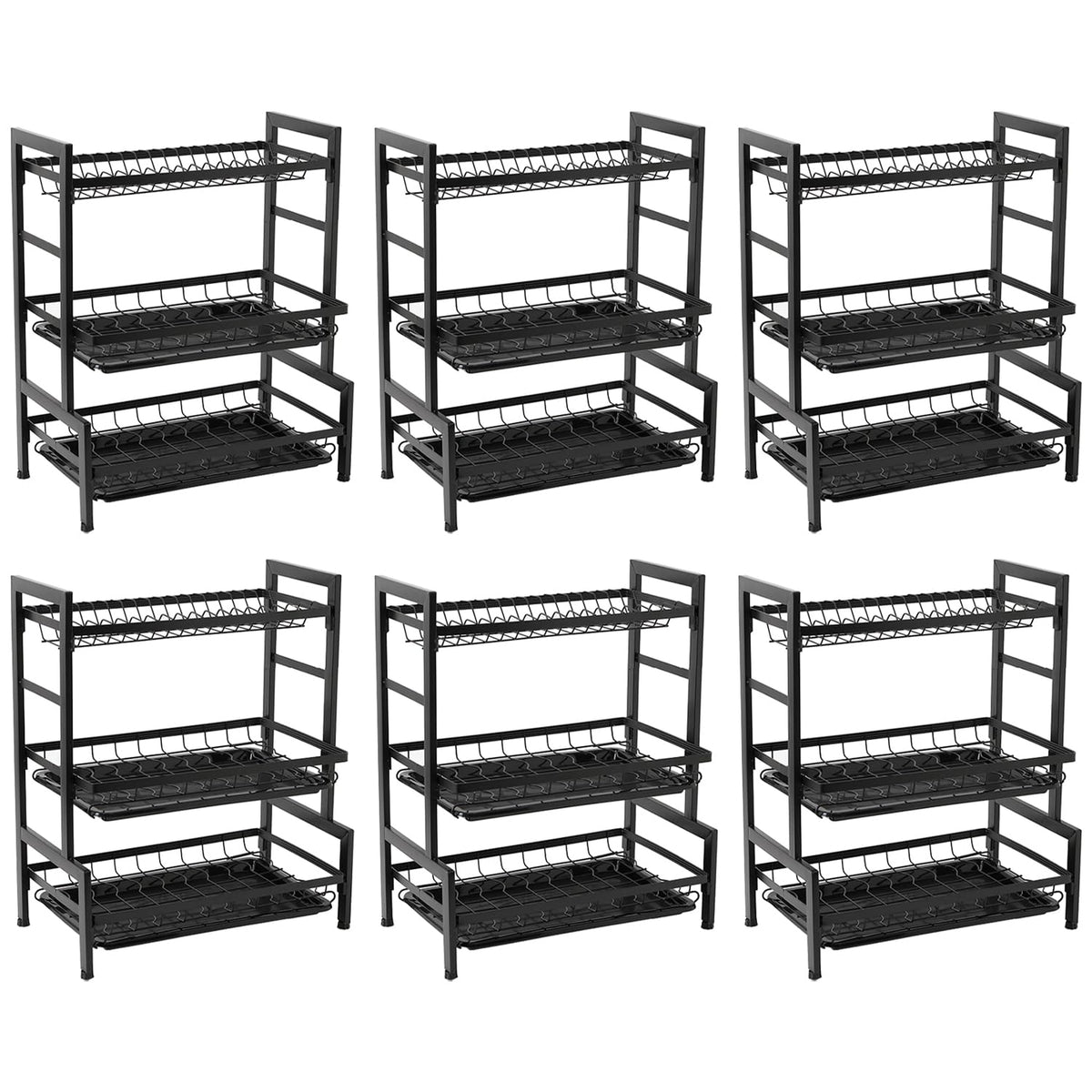 Kuber Industries 3-Layer Dish Drying Rack|Storage Rack for Kitchen Counter|Drainboard & Cutting Board Holder|Premium Utensils Basket|Free Mounting Pack of 6 (Black)