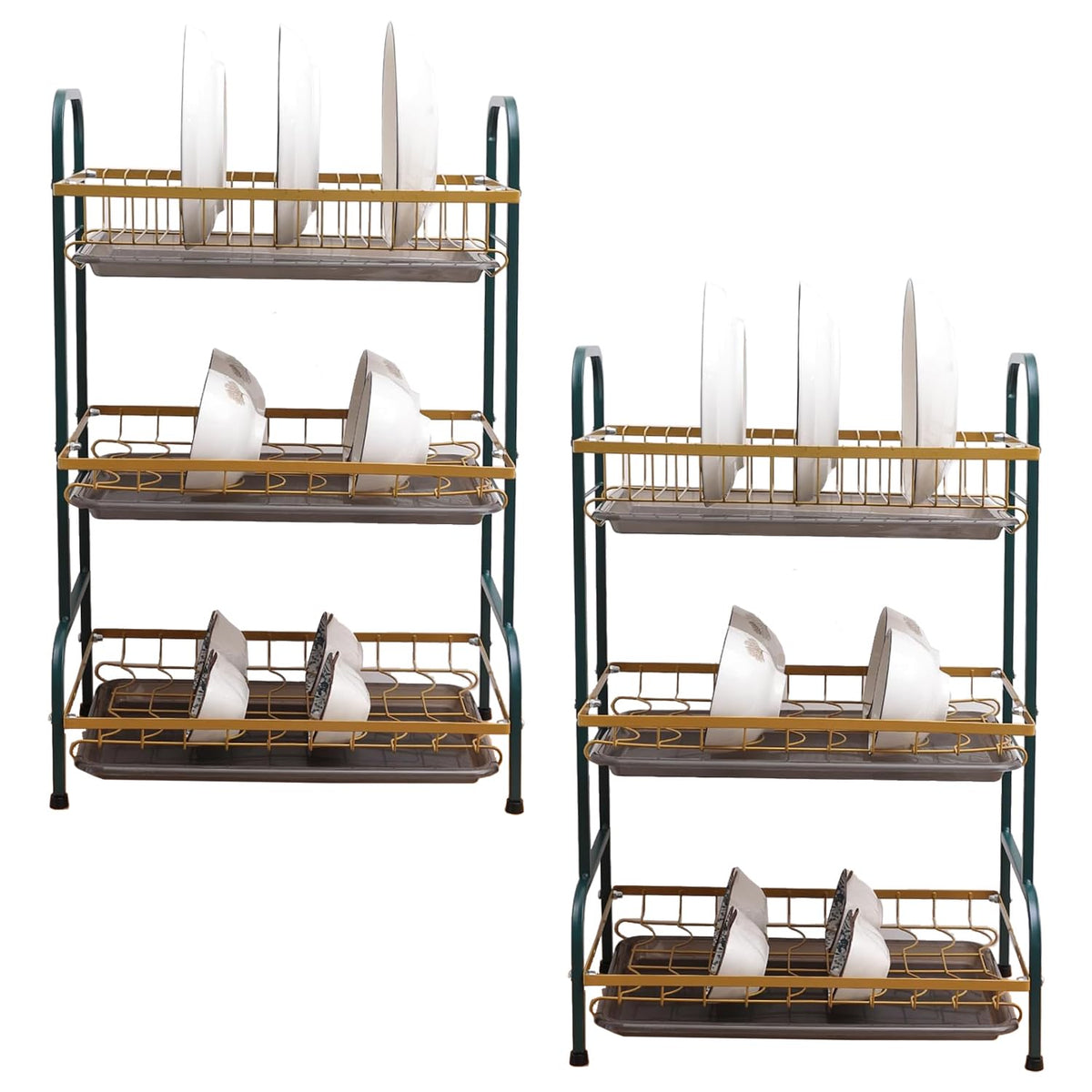 Kuber Industries 3-Layer Dish Drying Rack|Storage Rack for Kitchen Counter|Drainboard & Cutting Board Holder|Premium Utensils Basket Pack of 2 (Dark Green & Gold)
