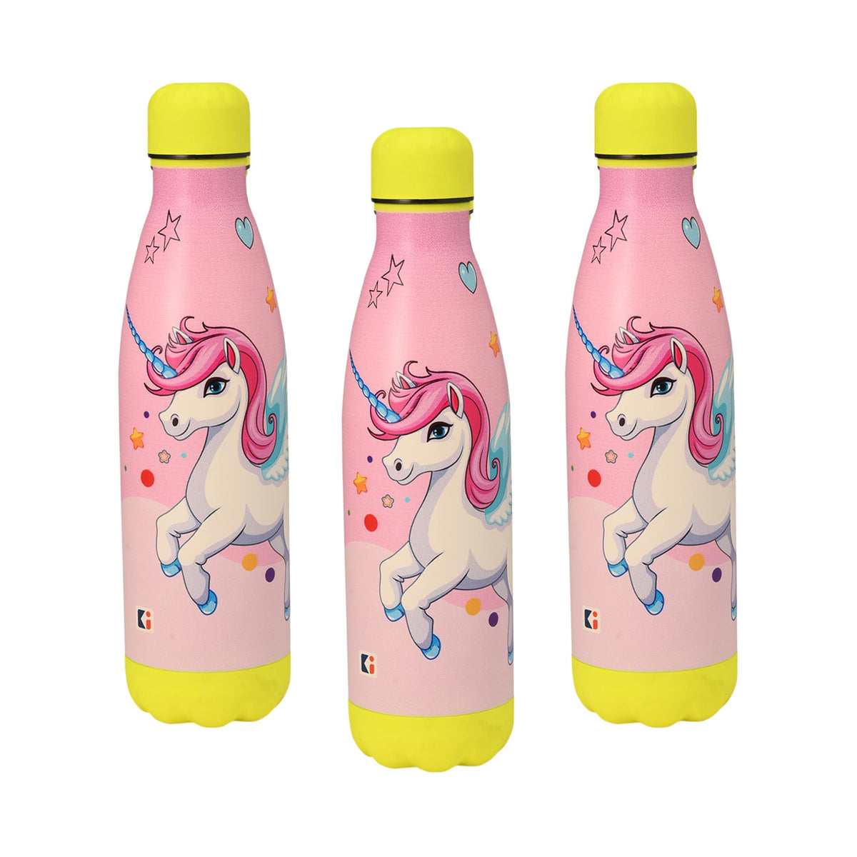 Kuber Industries 500 ml Water Bottle with 2 Lids | Unicorn Rainbow | Stainless Steel Bottle for Travel-Gym & Sports | BPA-Free Insulated Sipper Bottle for Adults & Kids with Straw | Pink | Pack of 3