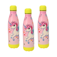 Kuber Industries 500 ml Water Bottle with 2 Lids | Unicorn Rainbow | Stainless Steel Bottle for Travel-Gym & Sports | BPA-Free Insulated Sipper Bottle for Adults & Kids with Straw | Pink | Pack of 3