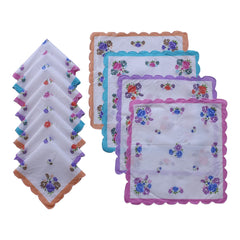 Kuber Industries Handkerchiefs|Multicolored Floral Print Cutwork Soft Cotton Hankies for Woman,Girls & Wicking Sweat from Hands,Face,Set of 12 (Multicolor)