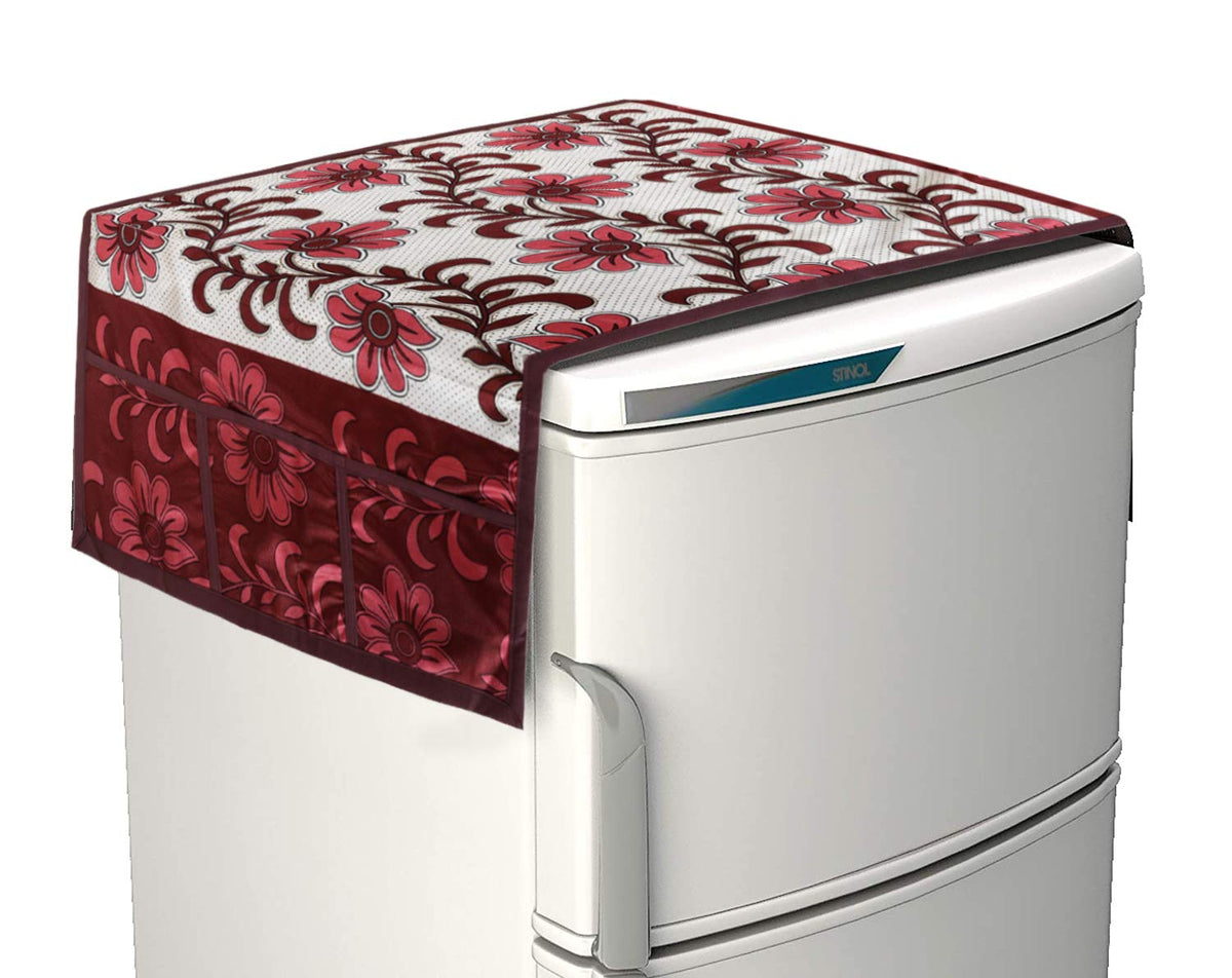 Kuber Industries Flower Print Polyester 3-Layered Fridge/Refrigerator Top Cover with 6 Utility Pockets (Maroon)-KUBMART15478, Standard