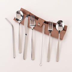 Kuber Industries 7 Pcs Utensil Set | Travel Camping Cutlery Set | Stainless Steel Flatware Set with Bag | Travel Organizer Utensil Set | Durable and Practical | Brown Cover