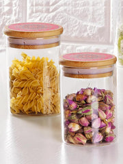 Homestic Borosilicate Glass Jar with Printed Bamboo Lid|Kitchen Organizer Items and Storage|Multi-utility, Leakproof, Airtight Storage Jar for Cookies,Snacks,Tea,Coffee,Sugar|Pack of 2(600ml)