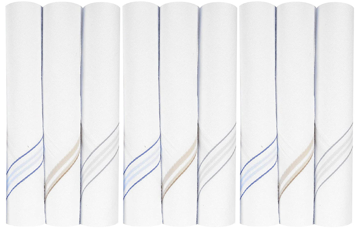 Kuber Industries Lining Design 100% Cotton Premium Collection Handkerchiefs Hanky for Men, Set of 9 (White), Standard (HS_37_KUBMART020440)