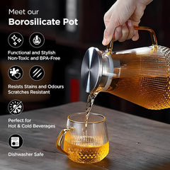 Kuber Industries Borosilicate Glass Jug Set with 2 Cups | Glass Jug with Stainless Steel Lid - 1500ml | Glass Cup - 400ml Each | Designer Jugs for Water, Juice, Beverages | Housewarming Gift Pack