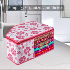 Heart Home Blouse Cover | Clothes Storage Bag | Zipper Wardrobe Organizers | Non-Woven Clothes Organiser | Side Transparent Blouse Organizer | Flower-Design | Pack of 12 | Pink