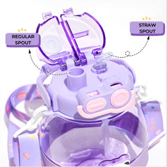 Kuber Industries Pack of 5 Kids Water Bottle With Straw |Cute Teddy Bear Sipper Water Bottle For Kids Boys Girls| Water Bottle with Locking Flip Lid | 1000 ML | Purple | SYZ-7728A