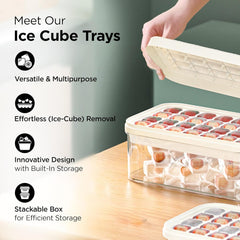 Kuber Industries 2 Layer Ice Cube Trays with Storage Box & Ice Scoop | 56 Compartments | One Press Demolding | Ice Cubes for Whiskey Cocktails Mocktails Soft Drinks | BPA Free | White